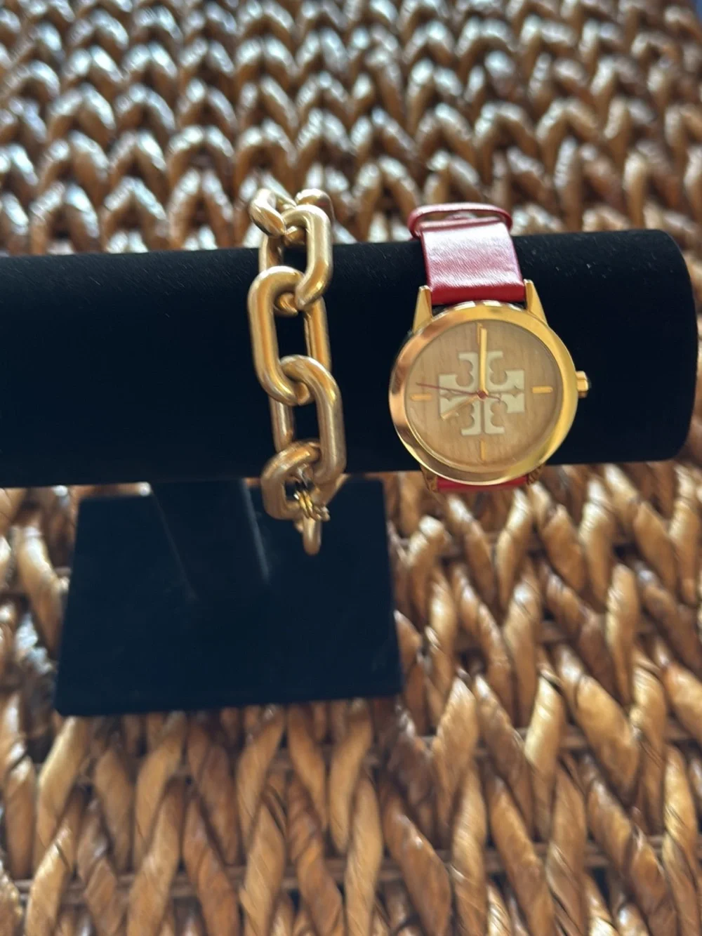 Tory Burch Red Leather Reva Watch with Gold Case 36 mm